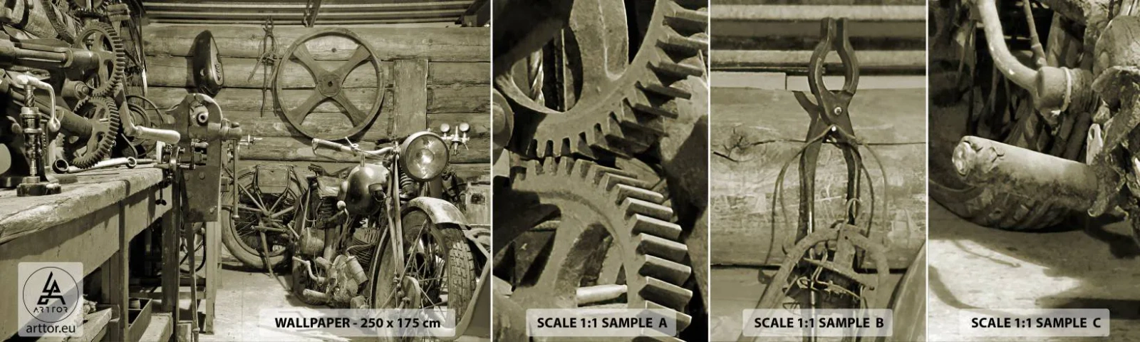 Fotótapéta Minta Standard Eco - Władek bácsi fészerében - Motorkerékpár, Autójavító műhely, Szüret - 100x30 cm