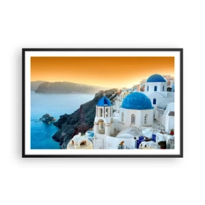 Poszter fehér keretben - Santorini – rásimulva a sziklákra - 91x61 cm