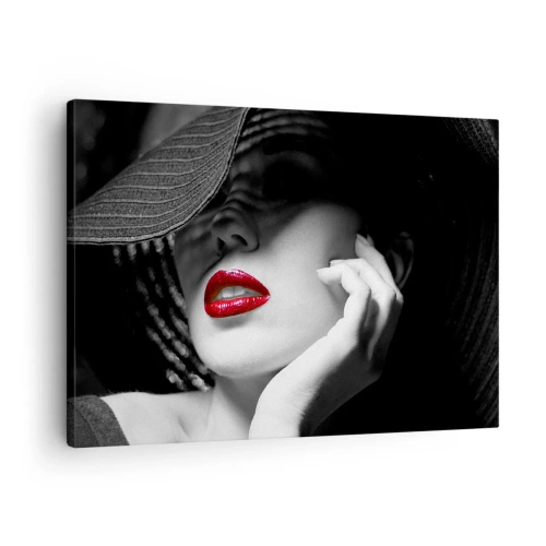 Vászonkép - Fekete-fehér portré egy vörös ajkú nőről - 70x50cm - Egy tanulmány Scarletben - Modern fali dekoráció nappalihoz és hálószobához ARTTOR