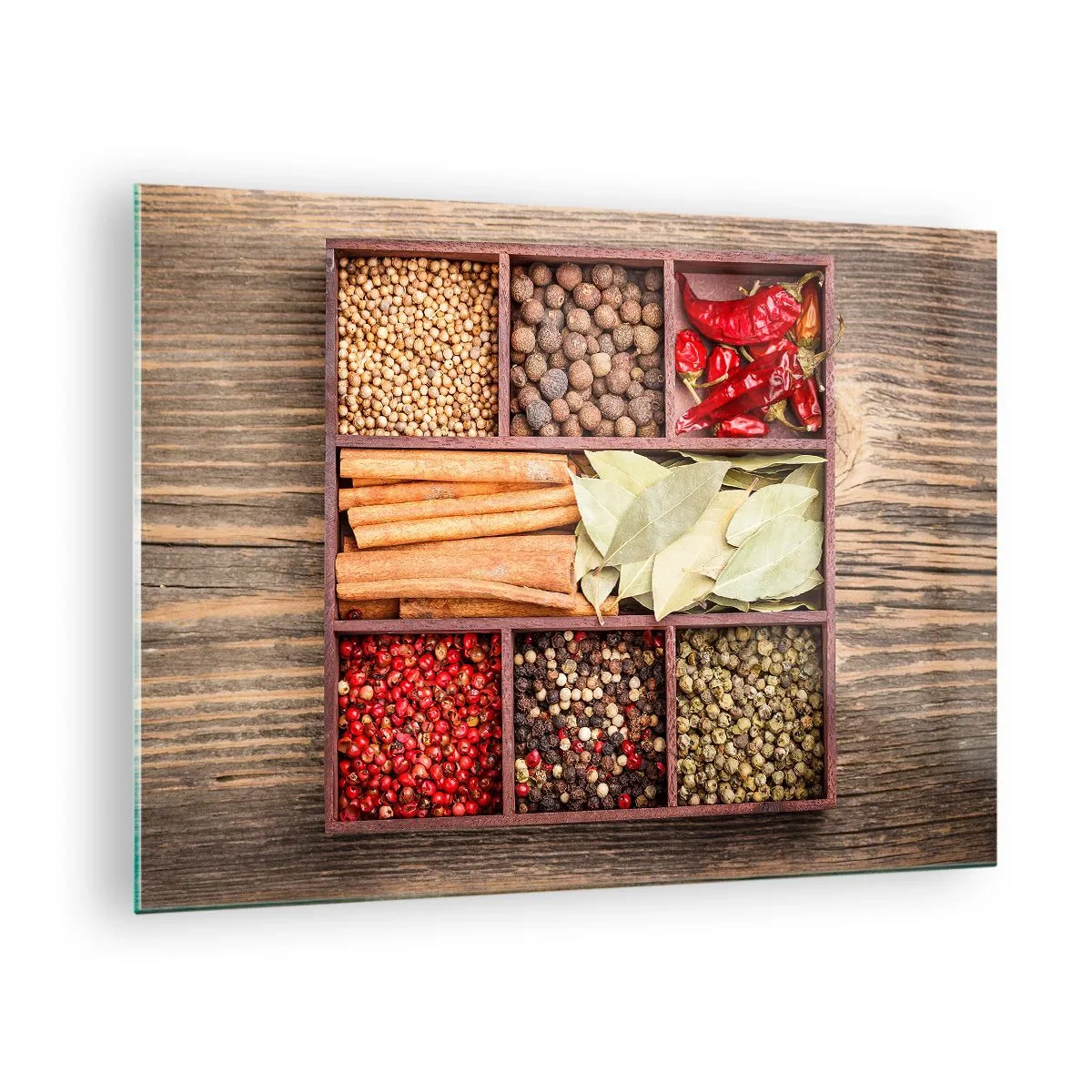 Üveg kép - Színes fűszerek fa rekeszekben - 70x50cm - Formarend, aromacsokor - Modern fali dekoráció nappalihoz és hálószobához ARTTOR