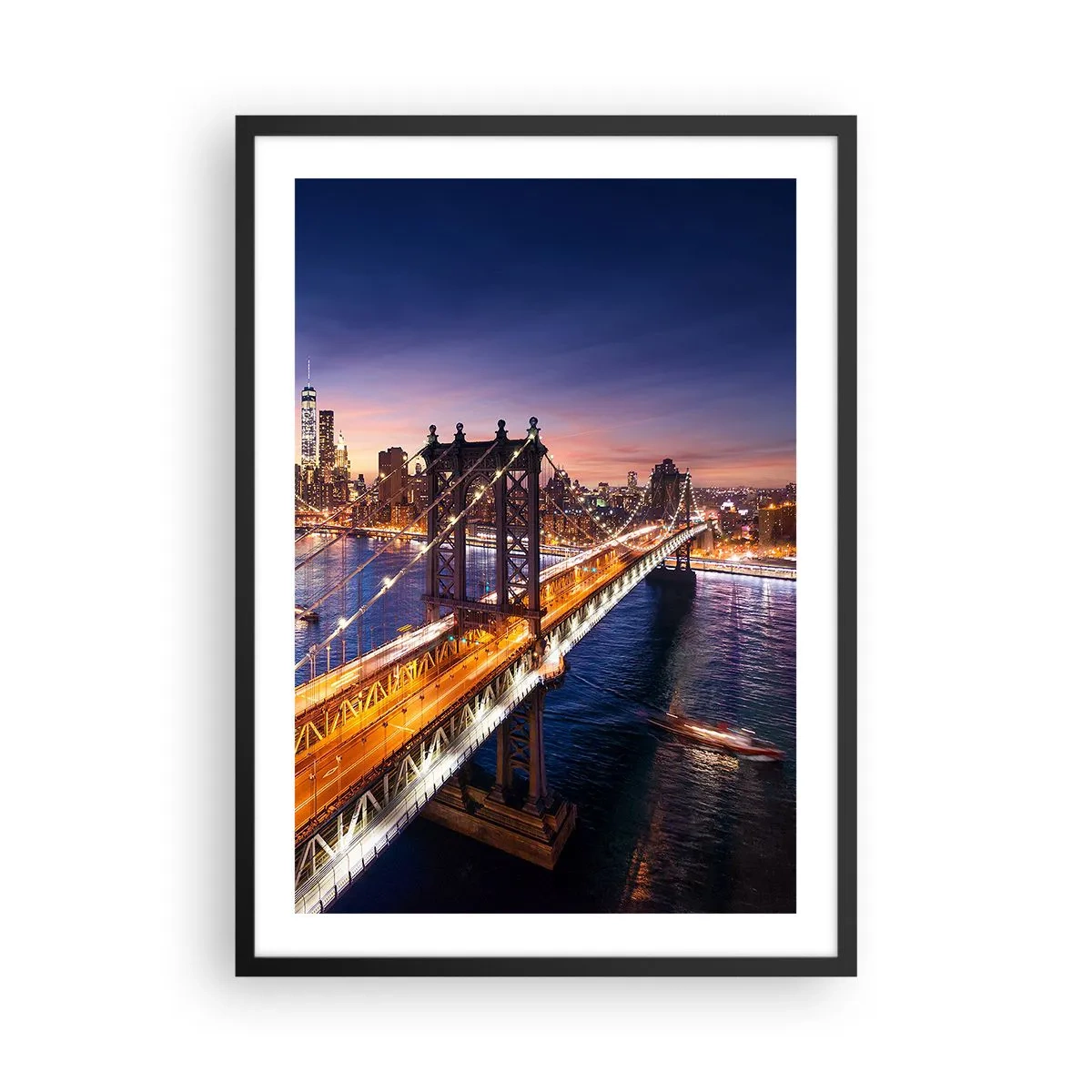 Poszter fehér keretben - New York City híd éjszaka, kilátással a városra - 50x70cm - Ragyogó híddal a város szívébe - Modern fali dekoráció nappalihoz és hálószobához ARTTOR