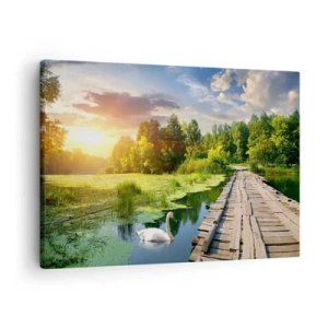 Vászonkép - Festői táj híddal és hattyúval - 70x50cm - Nyár, mindenhol nyár - Modern fali dekoráció nappalihoz és hálószobához ARTTOR