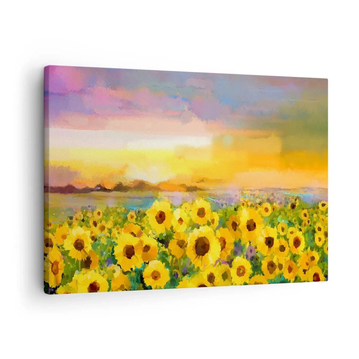 Vászonkép - Napraforgómező a lenyugvó nap fényében - 70x50cm - A nap maga szállt le a földre - Modern fali dekoráció nappalihoz és hálószobához ARTTOR