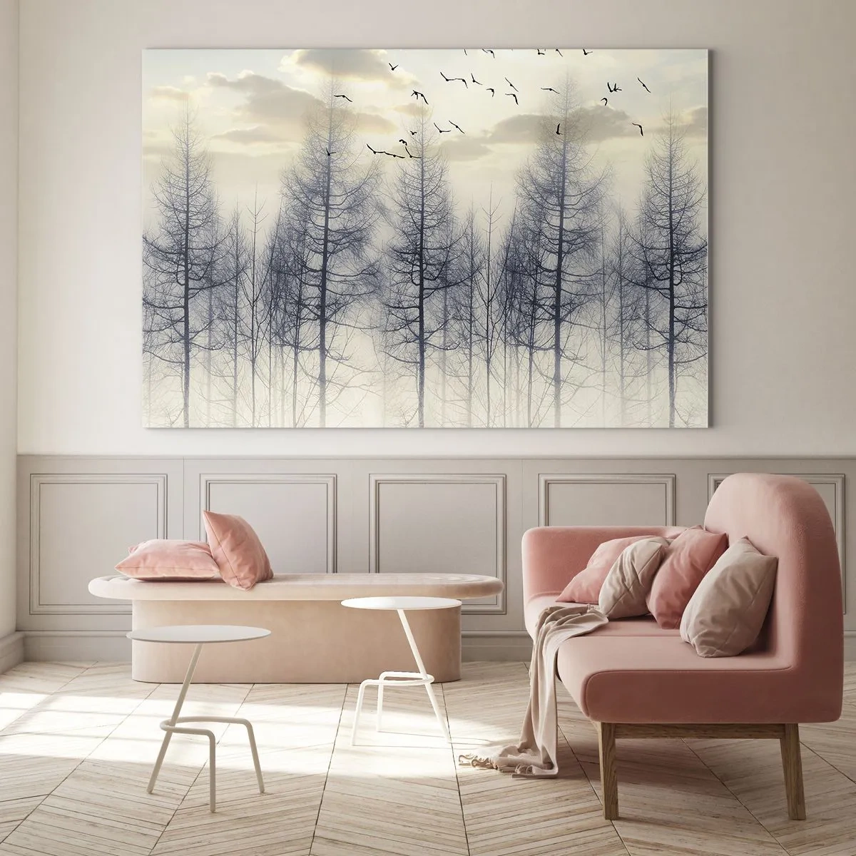 Üveg kép - Egy ködös erdő madarakkal, megvilágítva a felkelő nap által - 70x50cm - Erdei szellemek - Modern fali dekoráció nappalihoz és hálószobához ARTTOR