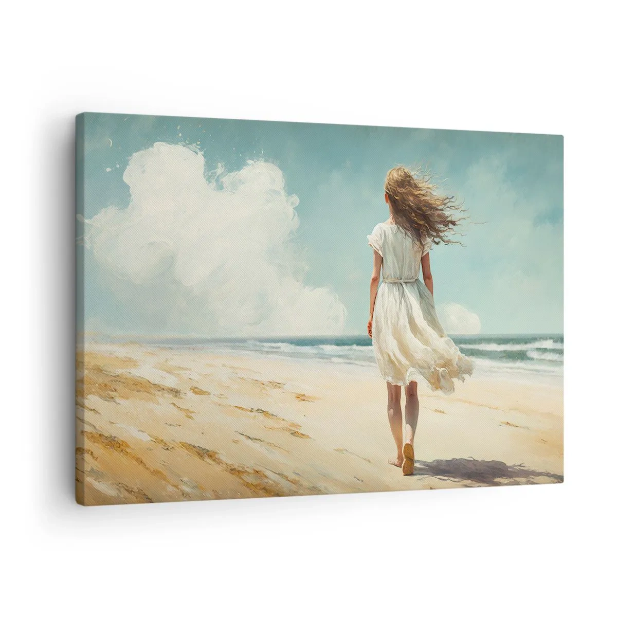 Vászonkép - Egy fehér ruhás nő sétál a tengerparton egy napsütéses napon - 70x50cm - Találkozás a nappal és a széllel - Modern fali dekoráció nappalihoz és hálószobához ARTTOR