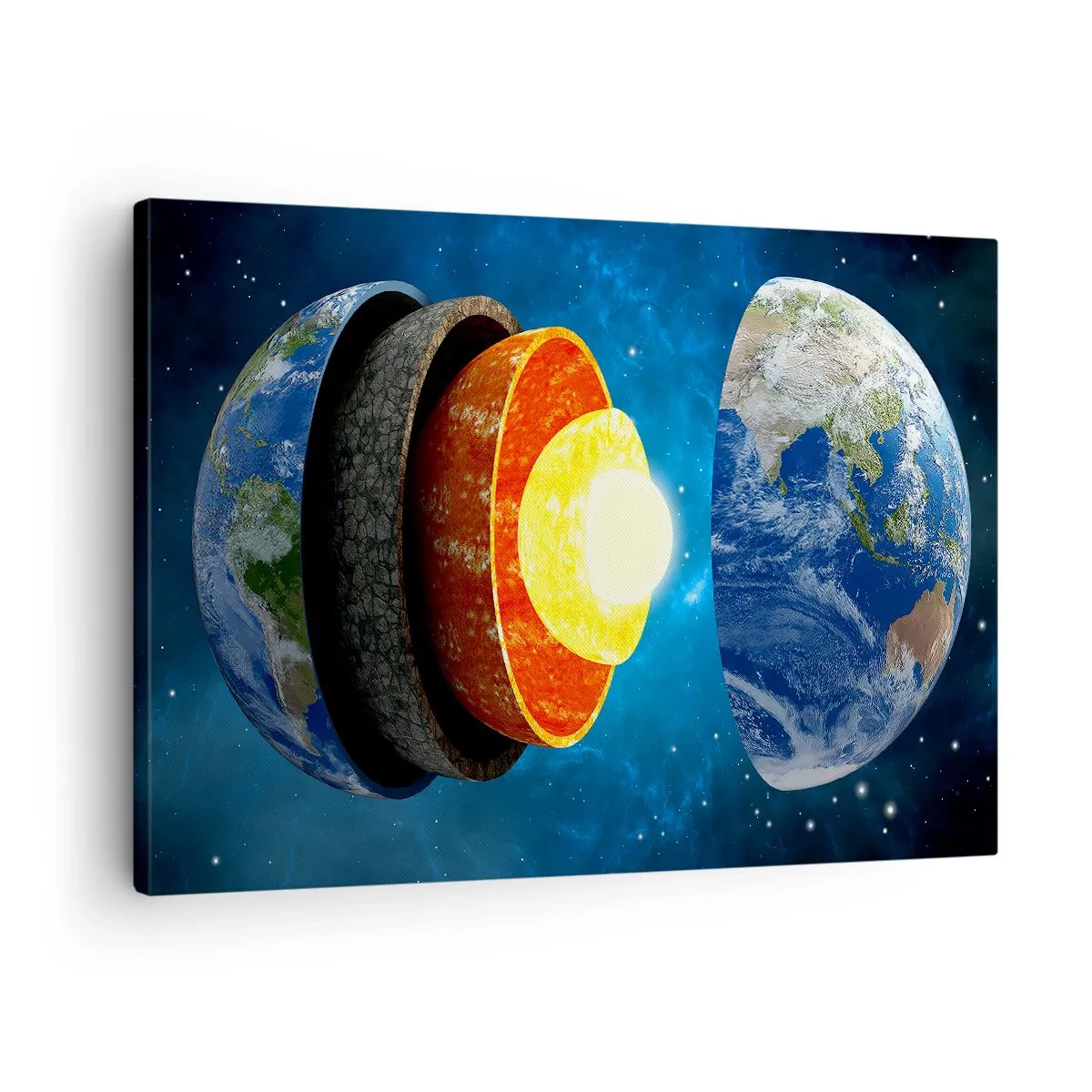 Vászonkép - A Föld keresztmetszete, amelyen láthatók a rétegei az űrben. - 70x50cm - Utazás a Föld középébe - Modern fali dekoráció nappalihoz és hálószobához ARTTOR