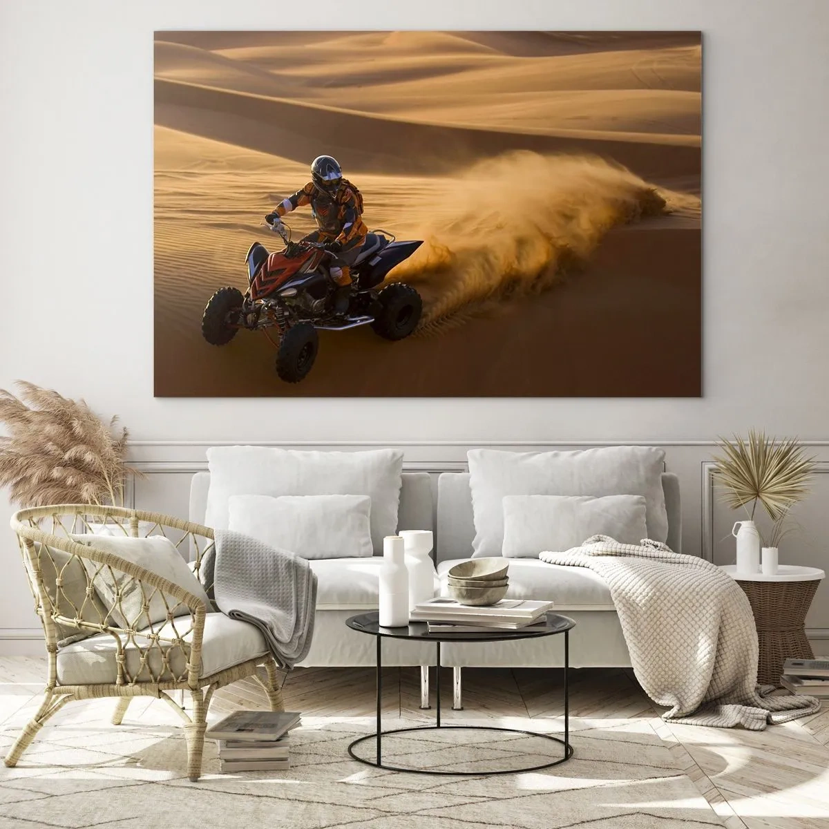 Üveg kép - ATV akcióban a sivatagban naplementekor - 70x50cm - A homok hullámain - Modern fali dekoráció nappalihoz és hálószobához ARTTOR