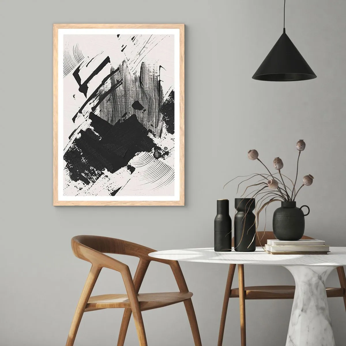 Poszter világos tölgy keretben - Absztrakció - a fekete kifejezése - 61x91 cm