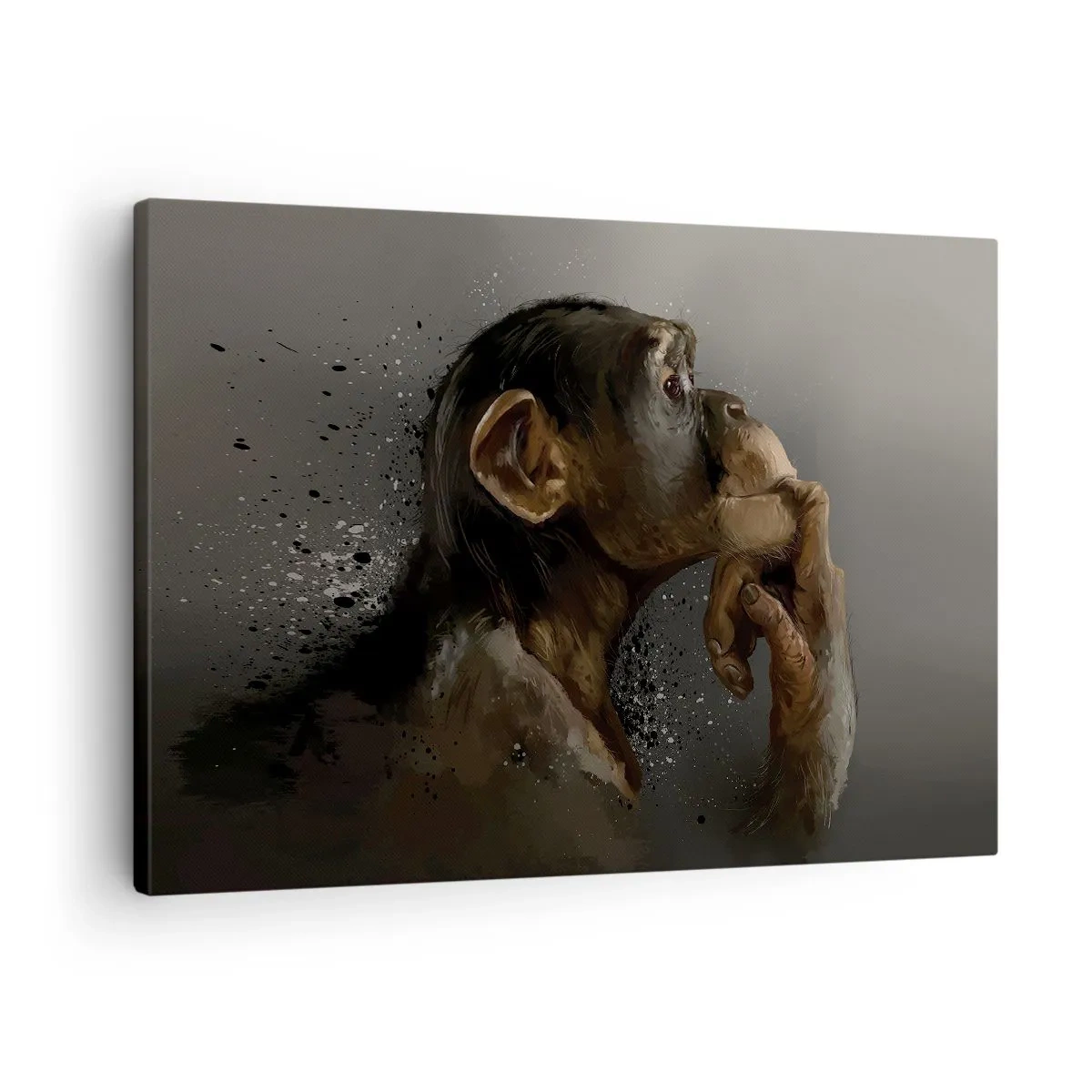 Vászonkép - Portré egy majomról fényvisszaverő pózban, szürke háttér előtt - 70x50cm - Biztosan gondolkodó - Modern fali dekoráció nappalihoz és hálószobához ARTTOR