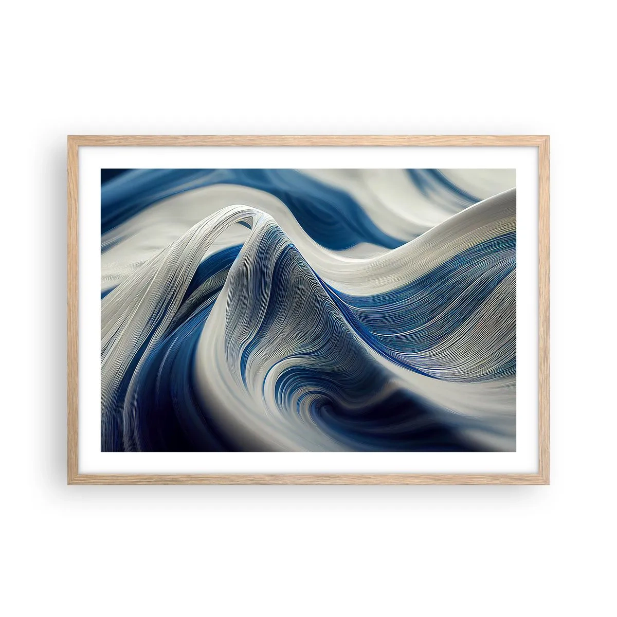 Poszter világos tölgy keretben - Kék és fehér folyékonysága - 70x50 cm