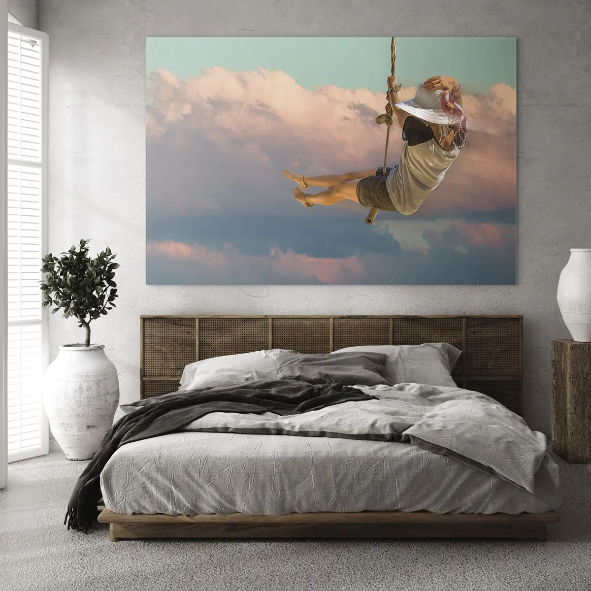 Üveg kép - Lány hintán rózsaszín felhők között - 70x50cm - Szórakozás a fellegekben - Modern fali dekoráció nappalihoz és hálószobához ARTTOR