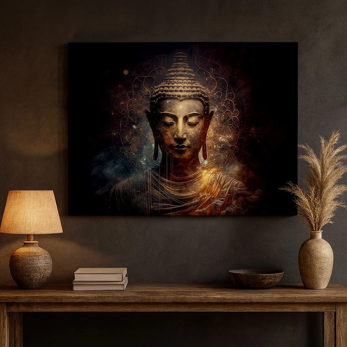 Vászonkép - Arany Buddha sötét háttér előtt, díszekkel - 70x50cm - Spirituális egyensúly - Modern fali dekoráció nappalihoz és hálószobához ARTTOR