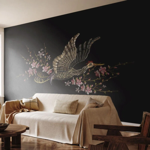 Fotótapéta Premium Sand - Egzotikus hímzett madár - Madár, Grafika, Virágok - 200x140 cm