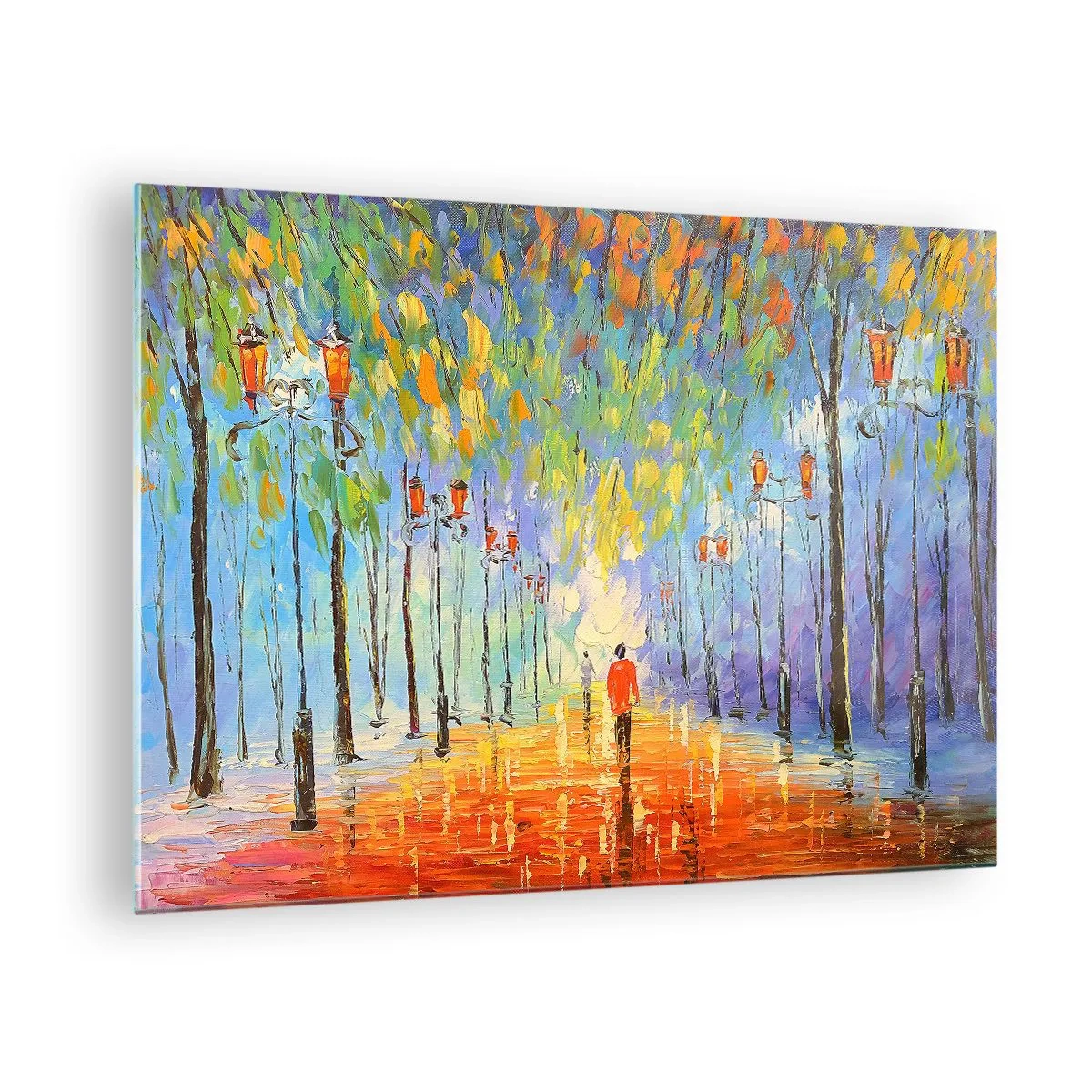 Üveg kép - Egy színes park sikátorral és festői stílusú lámpásokkal - 70x50cm - Eső éjszakai dala - Modern fali dekoráció nappalihoz és hálószobához ARTTOR
