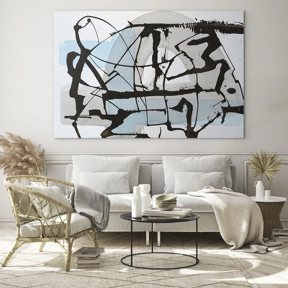 Üveg kép - Absztrakt kompozíció fekete vázlattal és kék foltokkal - 70x50cm - Mindennek ellenére kék - Modern fali dekoráció nappalihoz és hálószobához ARTTOR