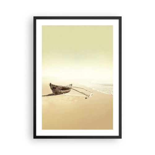 Poszter fehér keretben - Egy magányos fahajó egy üres tengerparton pasztell színekben. - 50x70cm - A déli tengerek megemlékezése - Modern fali dekoráció nappalihoz és hálószobához ARTTOR