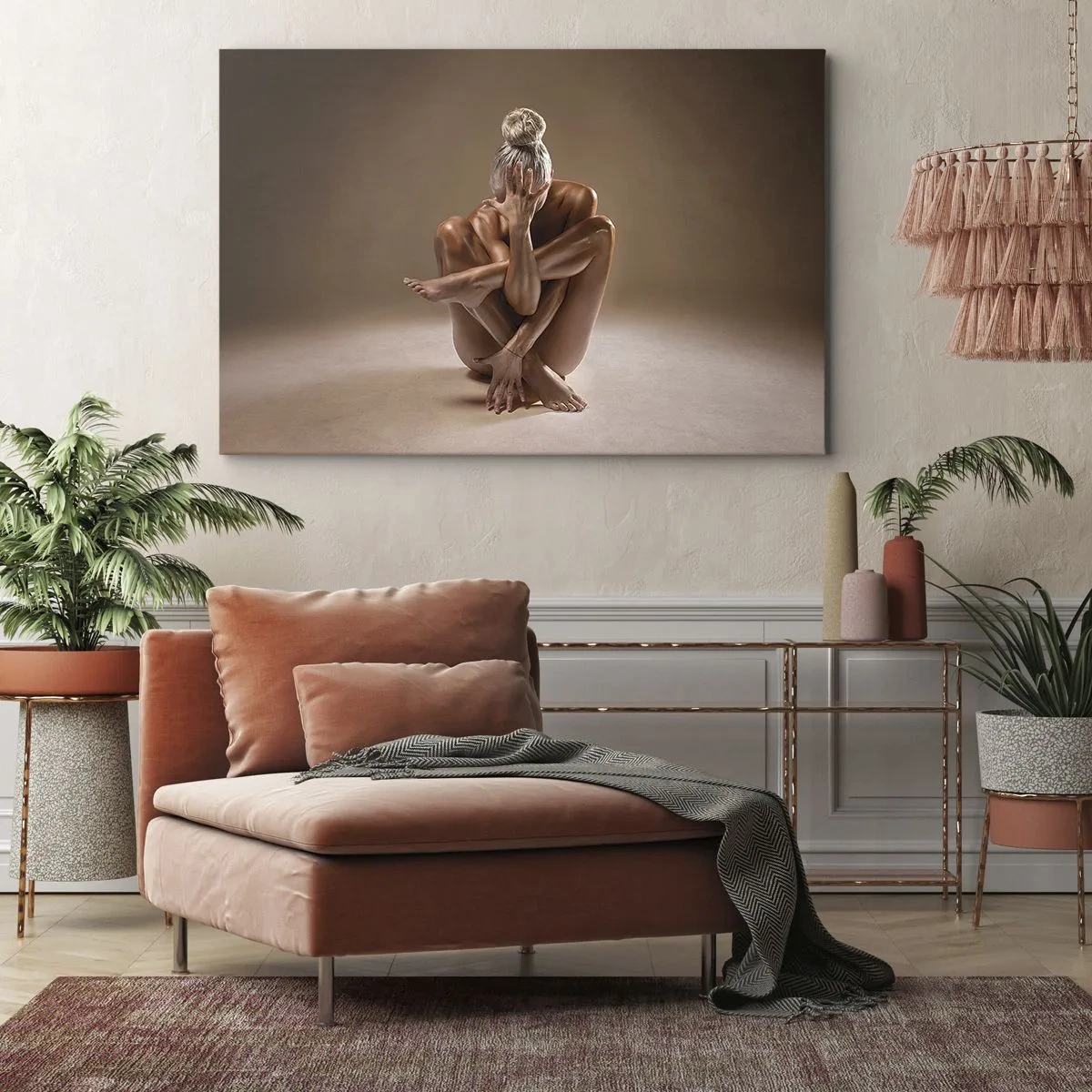 Vászonkép - Egy nő művészi sziluettje bézs háttérrel - 70x50cm - A test és a lélek egysége - Modern fali dekoráció nappalihoz és hálószobához ARTTOR