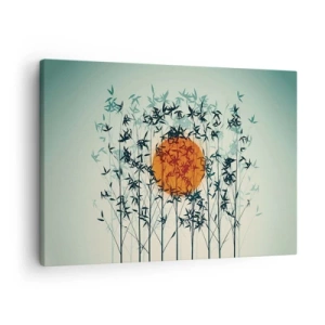 Vászonkép - Narancssárga nap a bambuszágak között - 70x50cm - Japán nap - Modern fali dekoráció nappalihoz és hálószobához ARTTOR