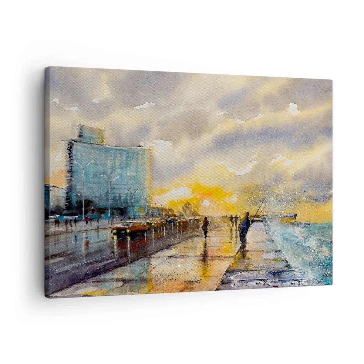 Vászonkép - Festői kilátás a tengerparti sétányra naplementekor - 70x50cm - Élet a parton - Modern fali dekoráció nappalihoz és hálószobához ARTTOR