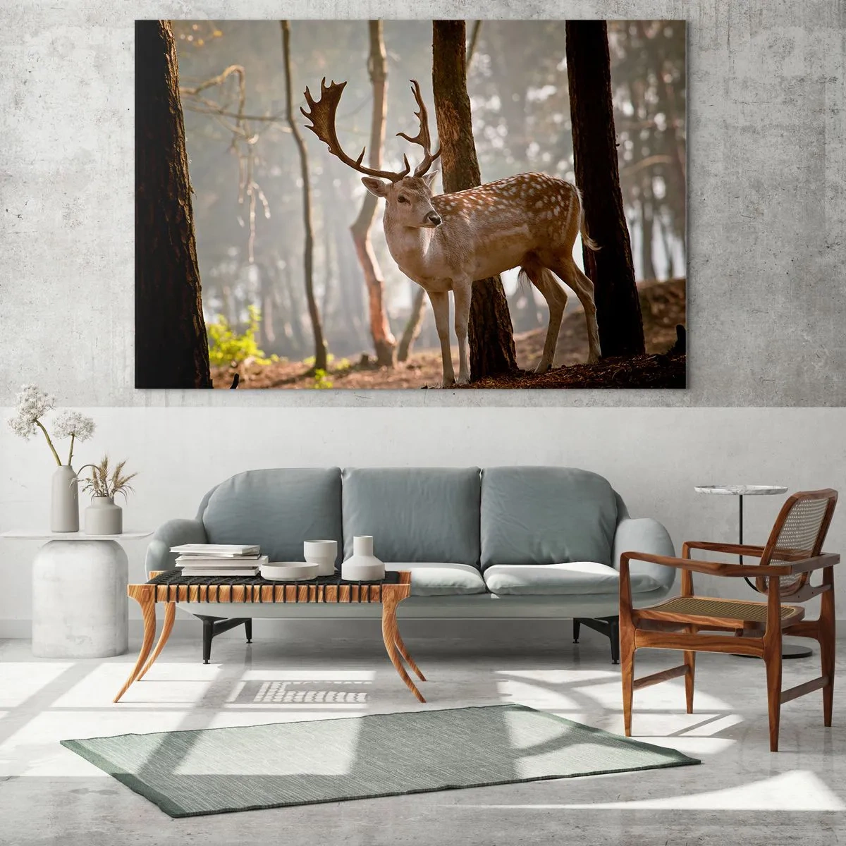 Üveg kép - Egy szarvas az erdőben, reggeli köddel körülvéve - 70x50cm - A fiatalság fénye - Modern fali dekoráció nappalihoz és hálószobához ARTTOR