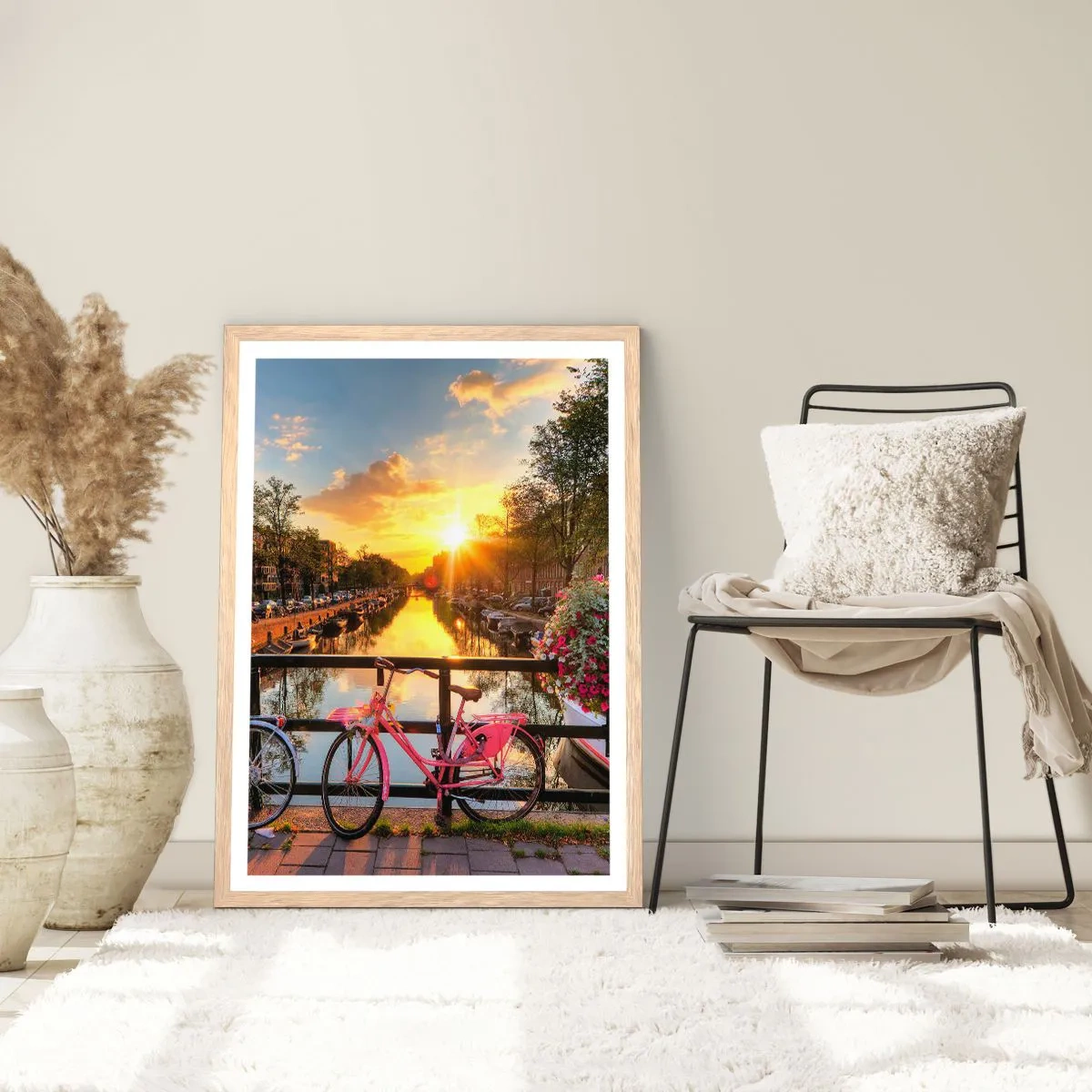 Poszter világos tölgy keretben - Tavaszi reggel Amszterdamban - 70x100 cm