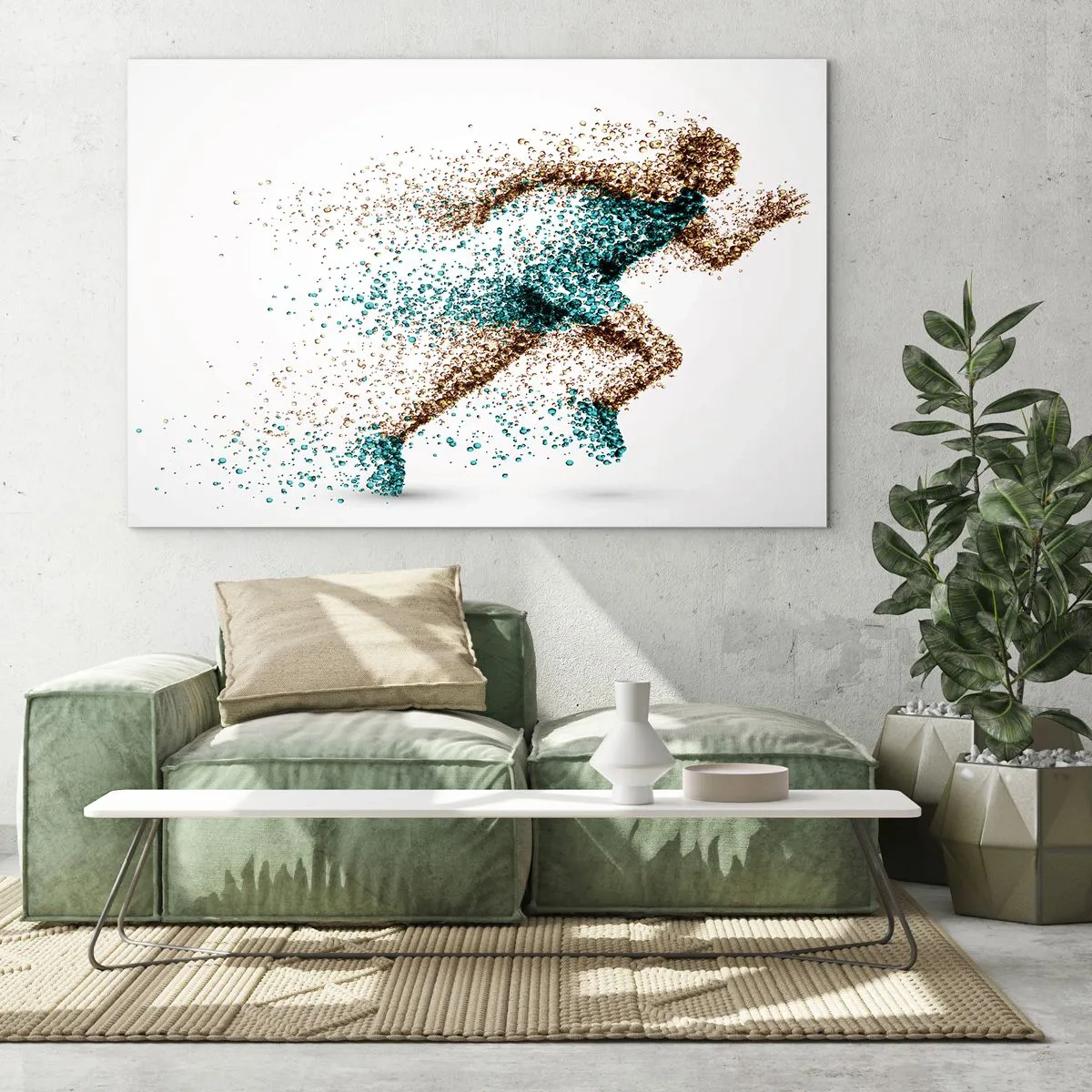 Üveg kép - Színes részecskékből formált futófigura - 70x50cm - Az élet egy futás - Modern fali dekoráció nappalihoz és hálószobához ARTTOR