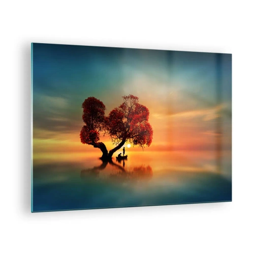 Üveg kép - Egy fa vörös levelekkel a naplemente hátterében - 70x50cm - A világtalanság csendje és az eltávoldotak - Modern fali dekoráció nappalihoz és hálószobához ARTTOR