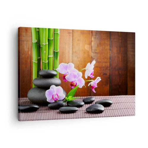Vászonkép - Zen stílusú bambusz, kövek és rózsaszín orchideák fa alapon - 70x50cm - Ismerd meg a kelet örömeit - Modern fali dekoráció nappalihoz és hálószobához ARTTOR