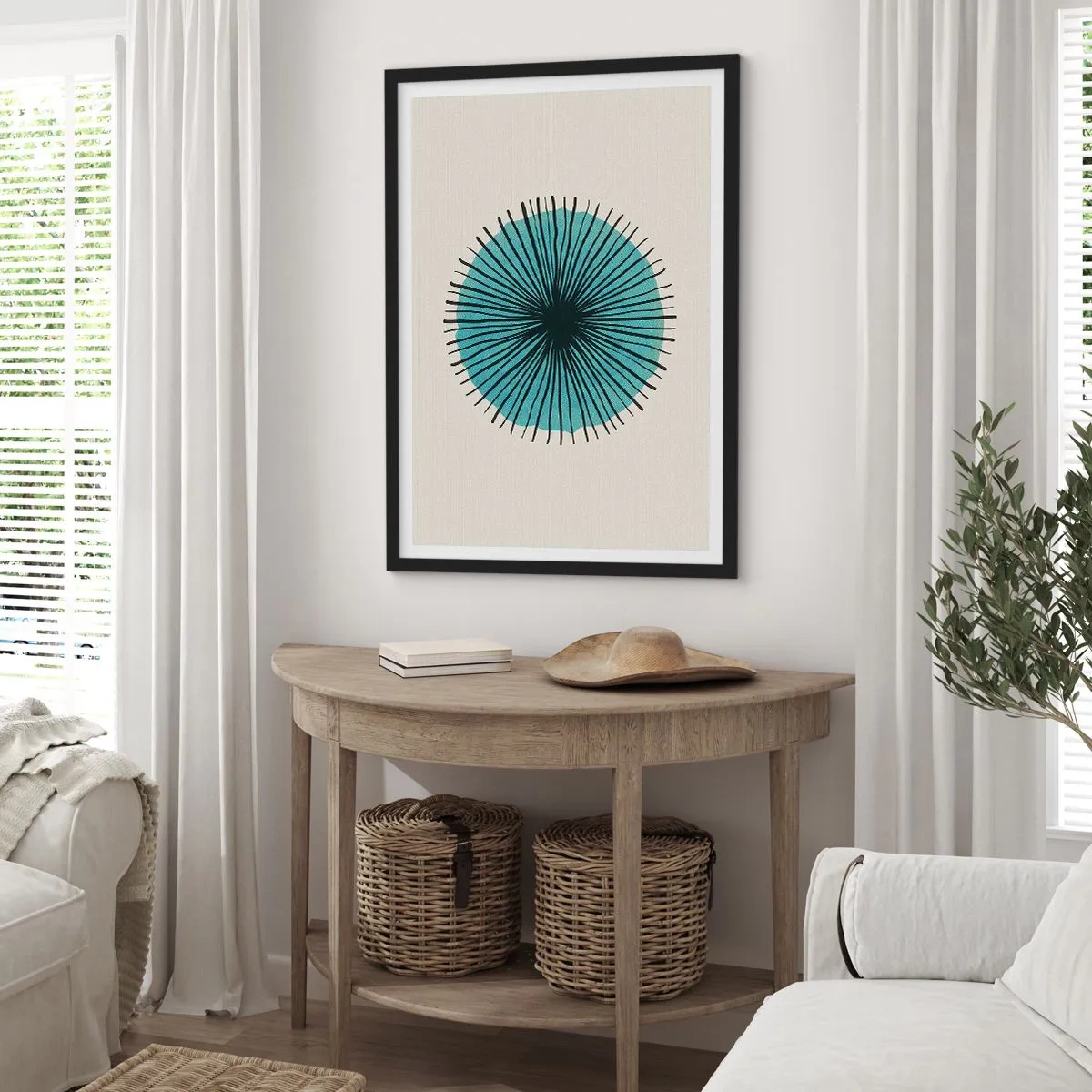 Poszter fehér keretben - Geometriai minta radiális kör formájában - 50x70cm - Ragyogóan a kékben - Modern fali dekoráció nappalihoz és hálószobához ARTTOR