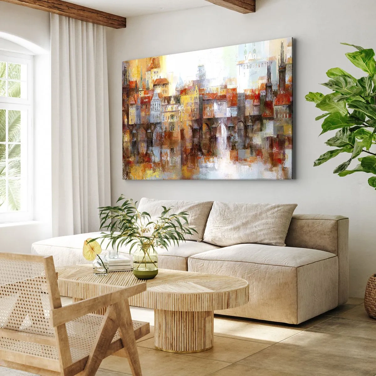 Vászonkép - Festői panoráma a városra egy őszi színekben pompázó híddal - 70x50cm - A híd alatt is gyönyörű - Modern fali dekoráció nappalihoz és hálószobához ARTTOR