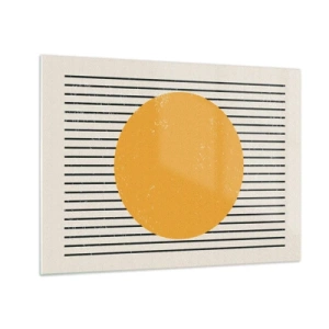 Üveg kép - Egy narancssárga kör bézs alapon vízszintes fekete vonalakkal tarkított háttér előtt. - 70x50cm - Az egyszerűség ereje - Modern fali dekoráció nappalihoz és hálószobához ARTTOR