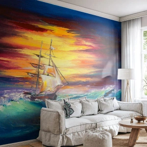 Fotótapéta Premium Sand - Bátran a hullámok alatt - Vitorlás hajó, Tenger, Vihar - 300x210 cm