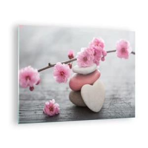 Üveg kép - Rózsaszín cseresznyevirágok és szív alakú kövek - 70x50cm - Boldogság a cseresznyevirággal - Modern fali dekoráció nappalihoz és hálószobához ARTTOR