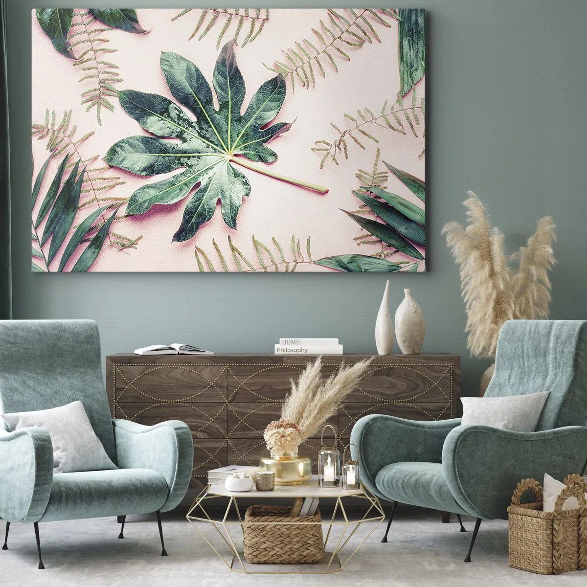 Vászonkép - Trópusi levelek világos pasztell háttéren - 70x50cm - A zöld tanulmánya a rózsaszín háttérben - Modern fali dekoráció nappalihoz és hálószobához ARTTOR
