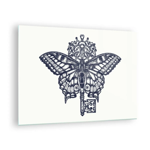 Üveg kép - Pillangó illusztrációja középen kulccsal - 70x50cm - A szív minden titka - Modern fali dekoráció nappalihoz és hálószobához ARTTOR