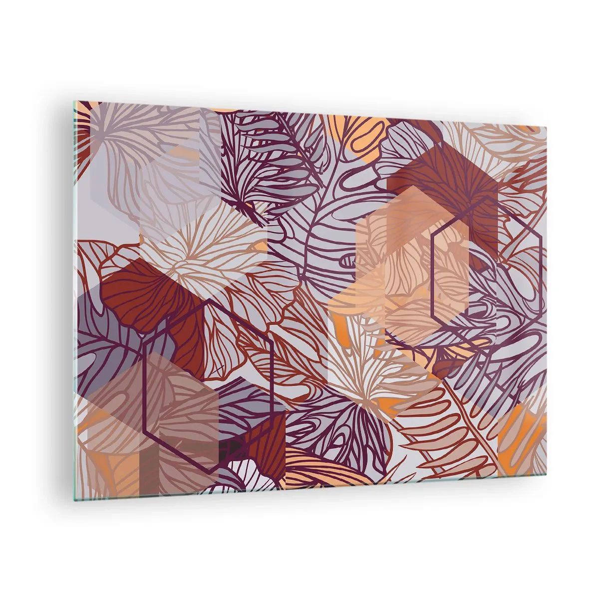 Üveg kép - Grafikus levelek geometrikus formák hátterében - 70x50cm - Lehetetlen kapcsolat a geometria és a természet között - Modern fali dekoráció nappalihoz és hálószobához ARTTOR