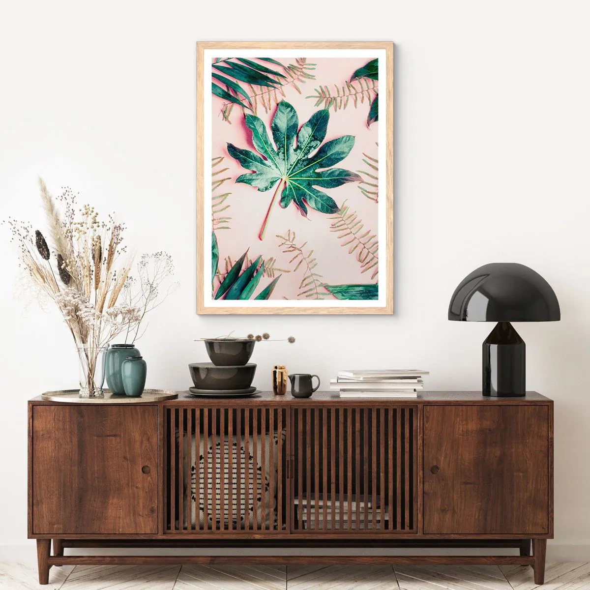 Poszter világos tölgy keretben - A zöld tanulmánya a rózsaszín háttérben - 61x91 cm