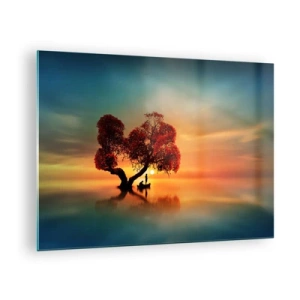 Üveg kép - Egy fa vörös levelekkel a naplemente hátterében - 70x50cm - A világtalanság csendje és az eltávoldotak - Modern fali dekoráció nappalihoz és hálószobához ARTTOR