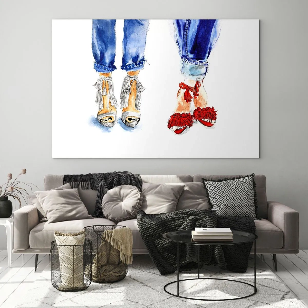 Üveg kép - Két stílusos cipő a farmer hátterében - 70x50cm - Talán elmegyünk sétálni? - Modern fali dekoráció nappalihoz és hálószobához ARTTOR
