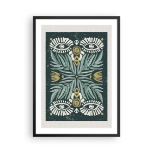 Poszter fehér keretben - Szimmetrikus minta levelekkel és szemekkel sötét háttéren - 50x70cm - Mint egy népi kivágás - Modern fali dekoráció nappalihoz és hálószobához ARTTOR