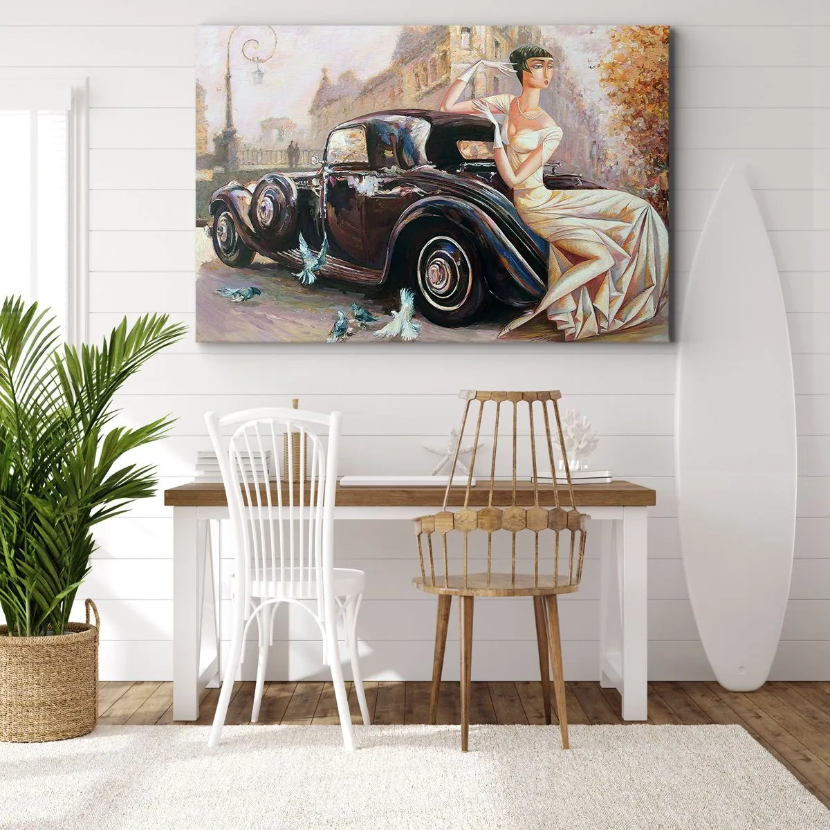 Vászonkép - Retro nő klasszikus autó mellett - 70x50cm - Elegancia retro stílusban - Modern fali dekoráció nappalihoz és hálószobához ARTTOR
