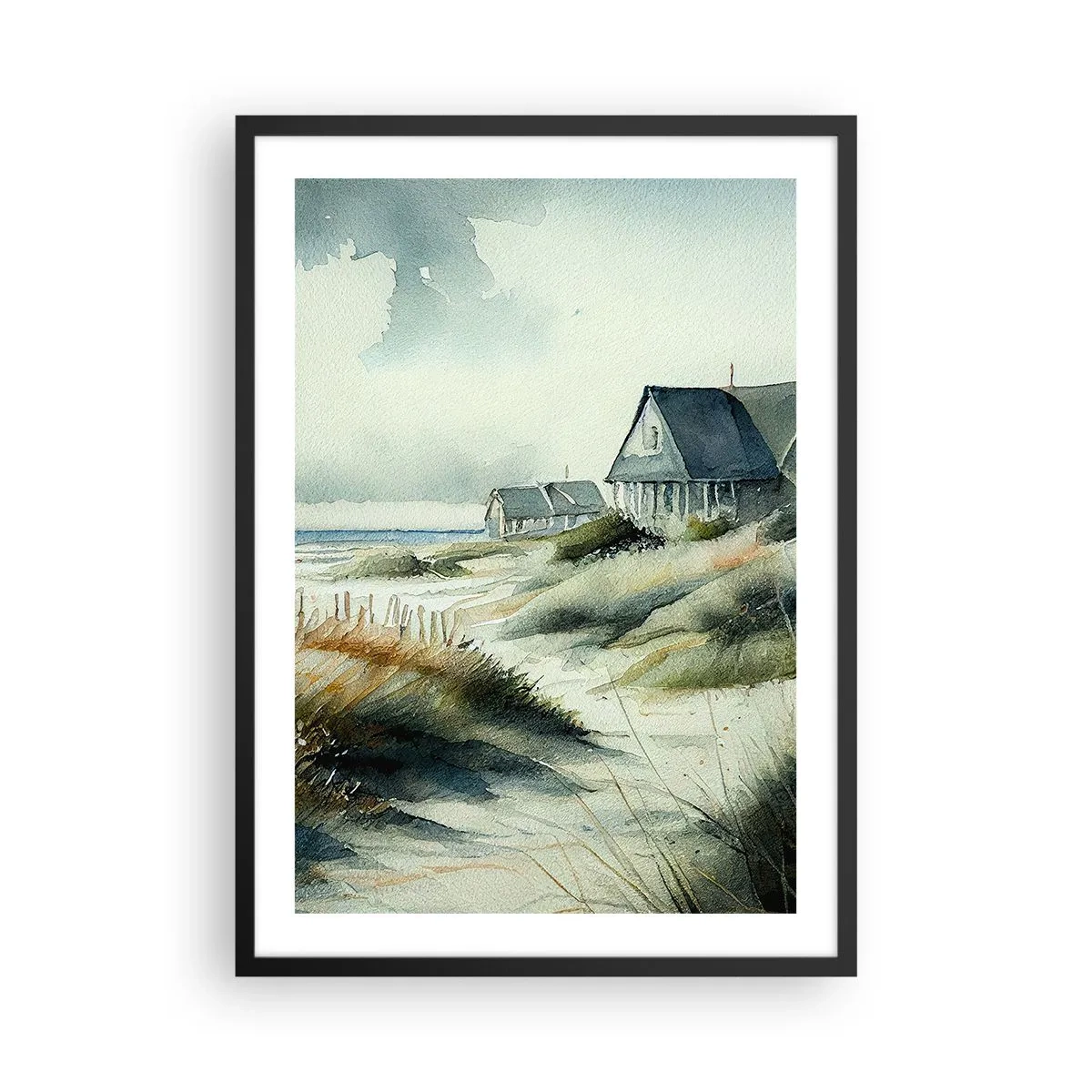 Poszter fehér keretben - Akvarell tengerparti ház tengerre néző kilátással - 50x70cm - Távol a nyüzsgéstől - Modern fali dekoráció nappalihoz és hálószobához ARTTOR