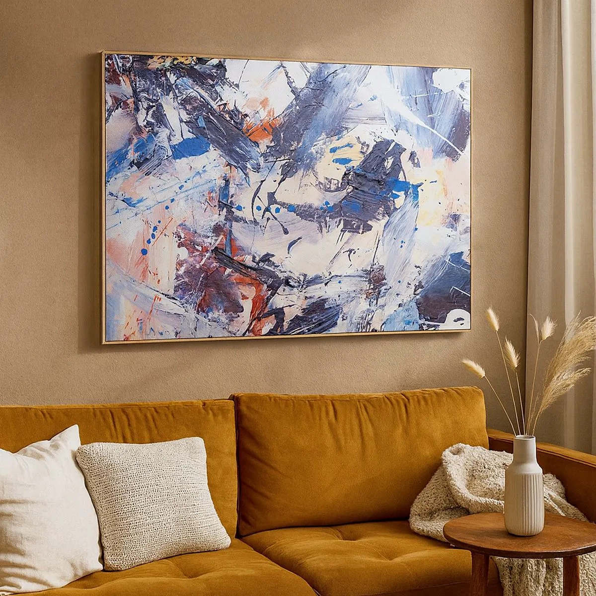 Vászonkép - Absztrakció dinamikus ecsetvonásokkal kék és piros színben. - 70x50cm - Őrült absztrakt tánc - Modern fali dekoráció nappalihoz és hálószobához ARTTOR