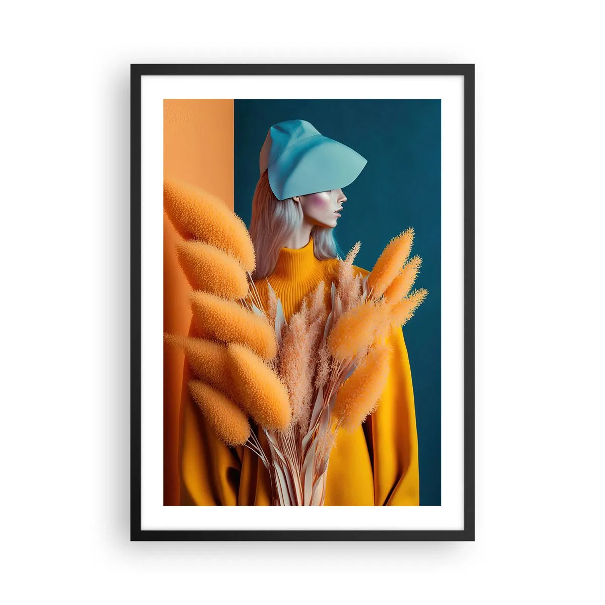 Poszter fehér keretben - Egy modern portré egy nőről meleg színekkel - 50x70cm - Bolyhos portré - Modern fali dekoráció nappalihoz és hálószobához ARTTOR
