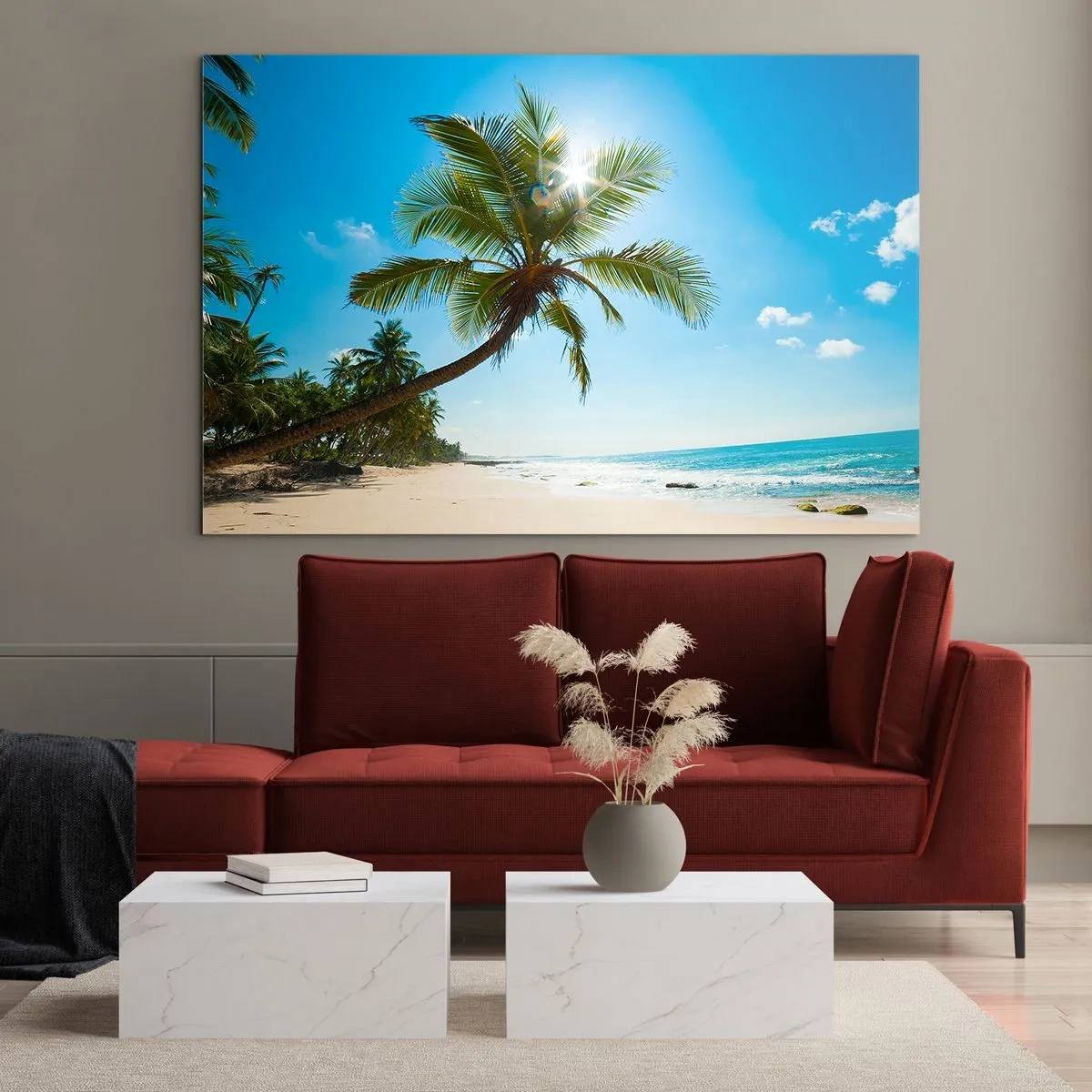 Üveg kép - Trópusi tengerpart pálmafákkal és kék éggel - 70x50cm - Nem mutatni senkinek - Modern fali dekoráció nappalihoz és hálószobához ARTTOR