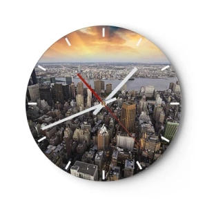 Falióra, Óra - Városi panoráma magas felhőkarcolókkal naplementekor - 30x30cm - Korunk dobogó szíve - Modern fali dekoráció nappalihoz, konyhához és hálószobához ARTTOR