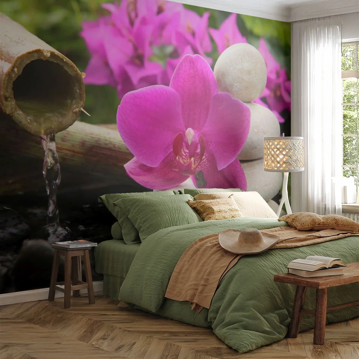 Fotótapéta Premium Sand - Már pihensz - Virágok, Bambusz, Orchidea - 100x70 cm