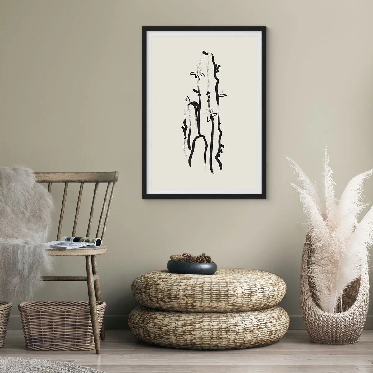 Poszter fehér keretben - Minimalista kaktuszrajz - 50x70cm - Virágzó gyógynövény - Modern fali dekoráció nappalihoz és hálószobához ARTTOR