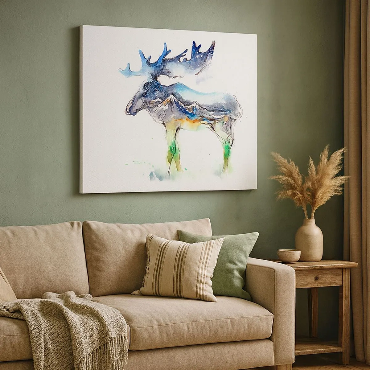 Vászonkép - Akvarell sziluettje egy jávorszarvasról hegyi tájjal - 70x50cm - Egy téli mese hőse - Modern fali dekoráció nappalihoz és hálószobához ARTTOR