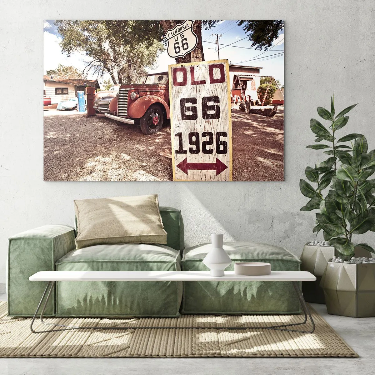 Üveg kép - Oldtimer és retro Route 66 tábla - 70x50cm - Az amerikai tartomány legendája - Modern fali dekoráció nappalihoz és hálószobához ARTTOR